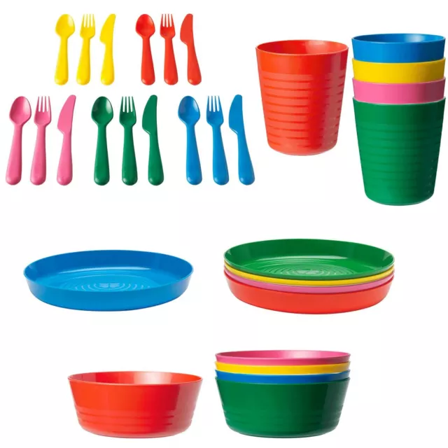 Kids Plastic Bowls Cups Plates Cutlery Set Individual Colours children toddler