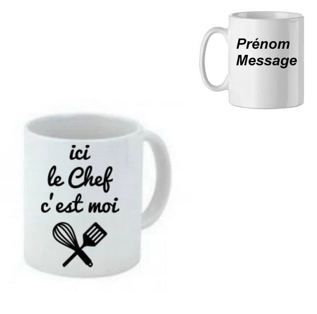 Mug Personnalisé Humoristique 'Ici Le Chef C'est Moi' + Message & Prénom - Céramique Blanche, NEUF !