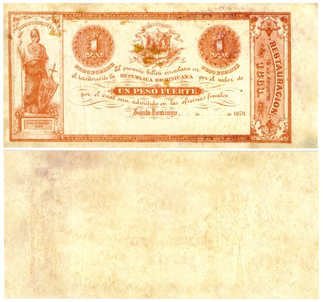 r Reproduction Paper - Dominican Republic 1 Peso Fuerte 1870 Pick #55  1821R