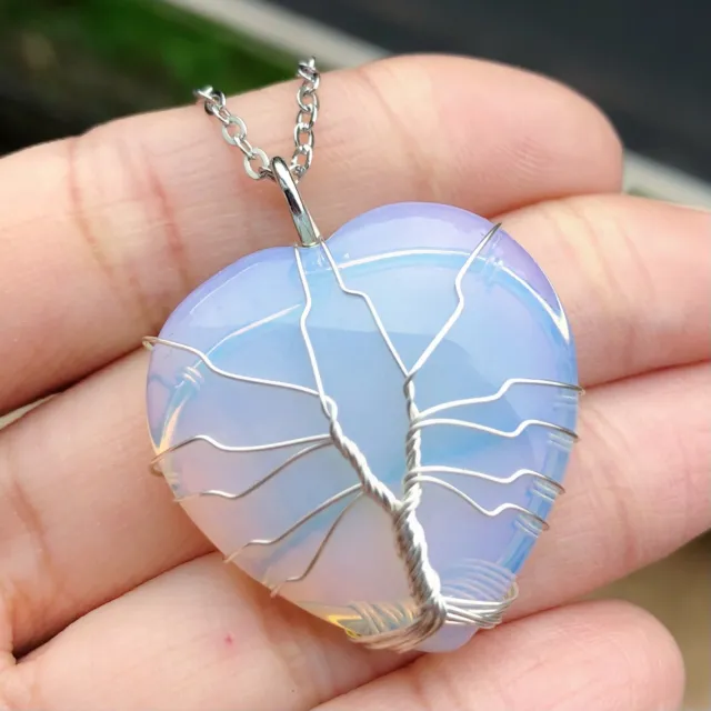 Opalite Gem stone Tree of life Necklace Heart  Chakra Reiki Healing Amulet