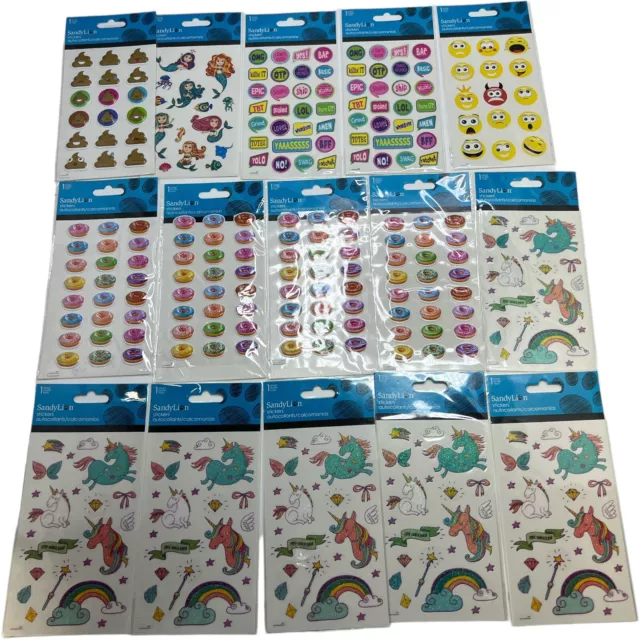 Sandy Lion Stickers Unicorn, Puffy Donuts, Puffy Poop, Face, Mermaid Lot of 15