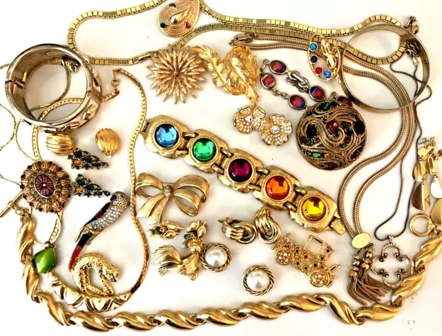 28 Piece Glam Lot  Gold Tone Jewelry Monet Trifari Joan Rivers Rhinestones