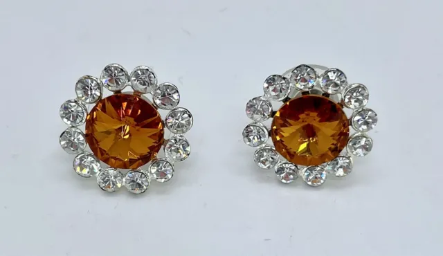 Stunning Austrian Crystal Tangerine Orange & Clear Pierced Earrings
