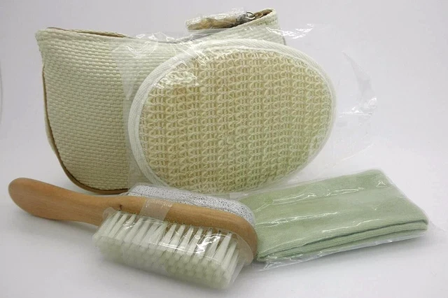 AVON LiiV BOTÁNICOS BEIGE BAMBÚ BOLSO DE DUCHA BAÑO Y CUERPO 4 PIEZAS JUEGO DE UTENSILIOS