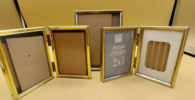 Lot of 3 Vintage Bi-fold Brass Double Hinge  2" x 3"  Photo Picture Frame Gold