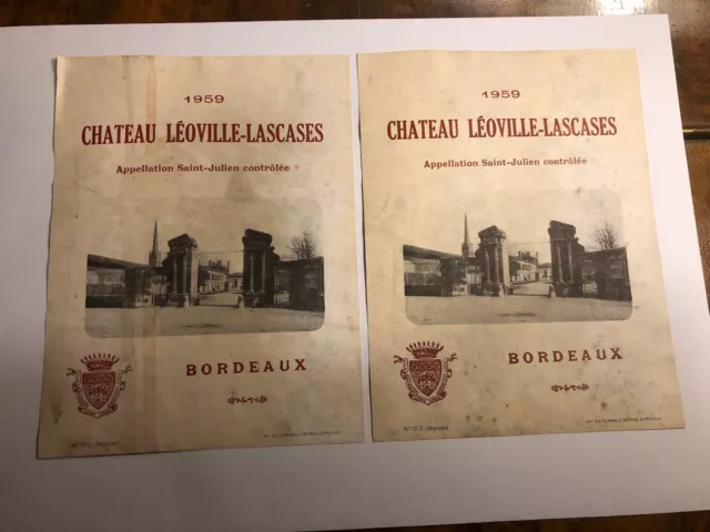 Lot 2 Étiquettes Vin Château Leoville-Lascases Bordeaux 1959