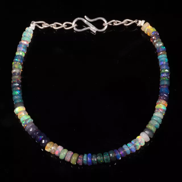 Natural Ethiopian Opal Bracelet, Black Opal Beads Multi Fire, Faceted Opal Beads