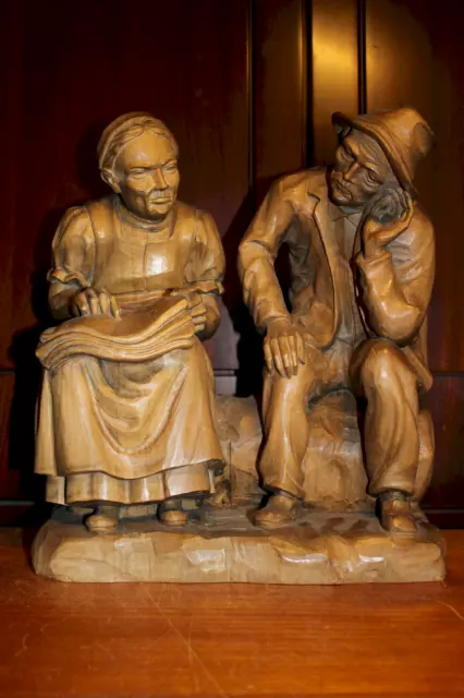 19Th 13" Wood Hand Carved Carving Man Woman Old Couple Statue Figure Sculpture