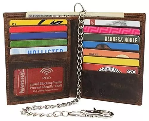 Vintage Leather RFID Blocking Hipster Bifold Biker Long Chain Men's Wallet
