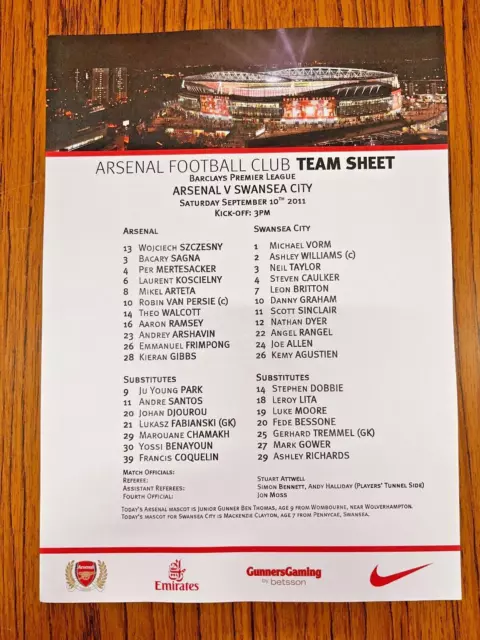 Arsenal vs Swansea City Official Team Sheet 10/9/2011
