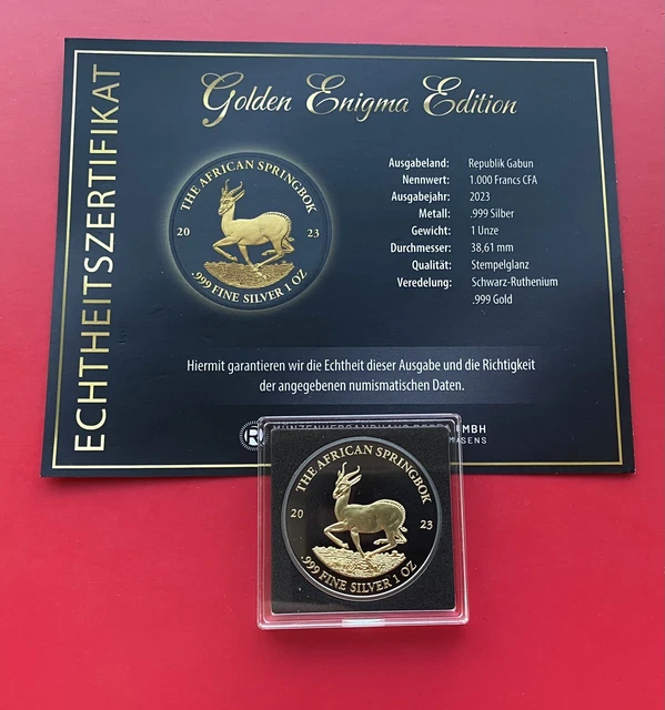 1 OZ SILBER GOLDEN ENIGMA afrikanischer Springbock Schwarz Ruthenium