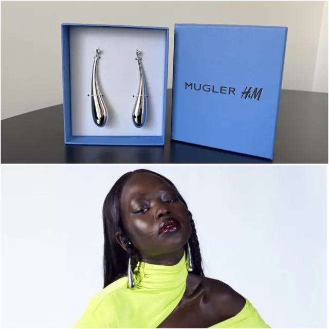 Thierry Mugler x H&M tear drop earrings long silver NEW in box pierced