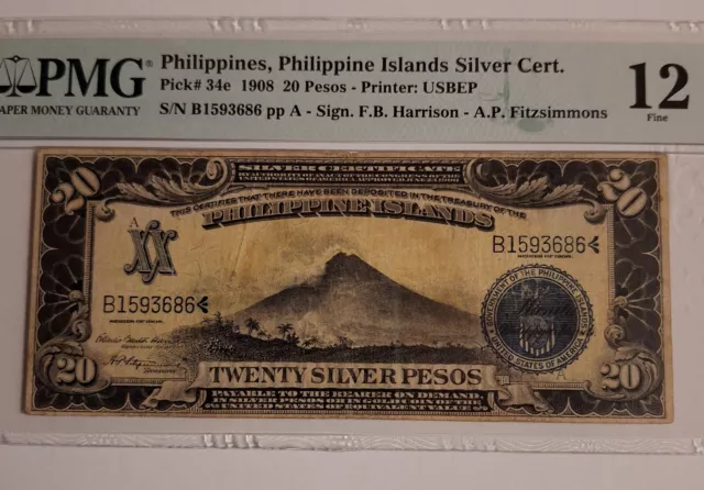 1908   Philippines  20 Peso  Silver Certificate Picks 34e PMG Fine 12