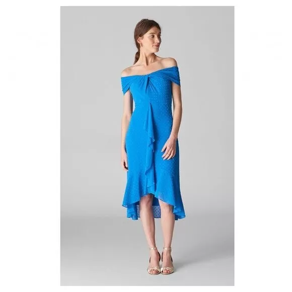 WHISTLES Women's Eriko Dobby Bardot Midi Dress Off Shoulder Blue Size 10