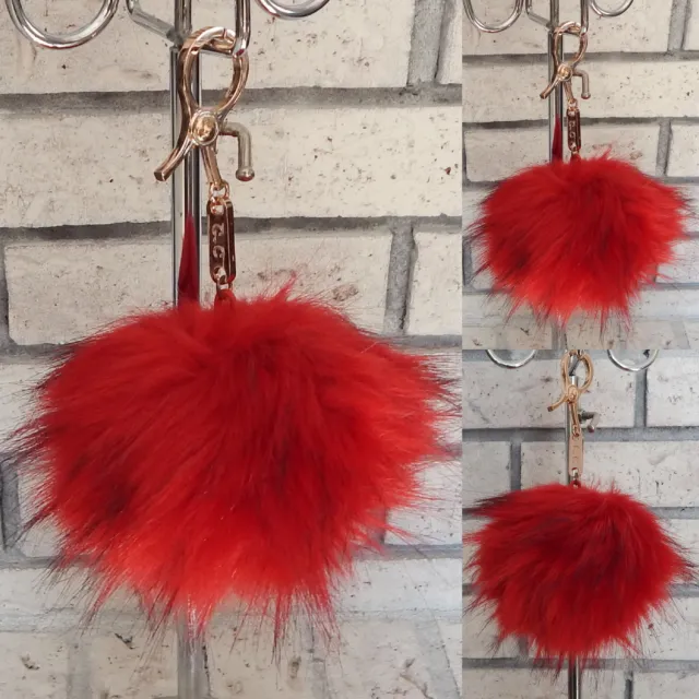 Cc Red Faux Fur Pom Pom Backpack Purse Charm Key Chain Key Ring Tote Accessory