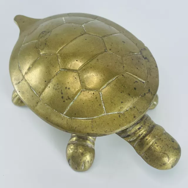 Vintage Small Brass Turtle Tortoise Trinket Box with Flip Up Lid India 5”x3”