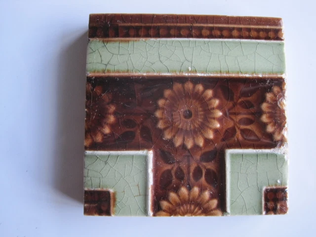 Antique Victorian Mintons 3" Sq. Green & Brown Moulded & Majolica Glazed Tile