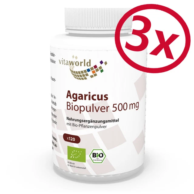 Vita World Pack de 3 Agaricus blazei poudre qualité bio 500mg 3 x 120 Capsules