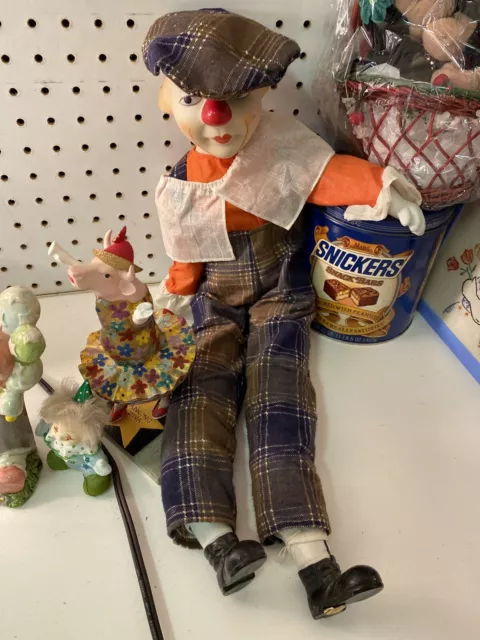 Albert E Price Bisque Beatrice Porcelain Doll Clown Orange Plaid Overalls Hat