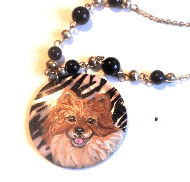 Pomeranian Dog Jewelry Bead Necklace Hand Painted Pendant