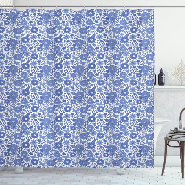 Dutch Shower Curtain Delft Style Sketch Floral Print for Bathroom