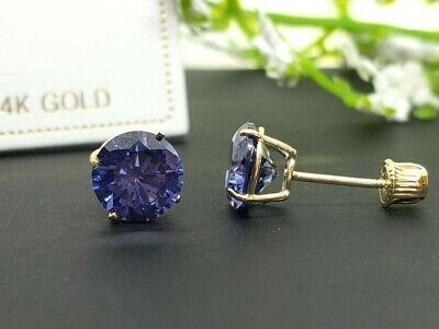 Tanzanite 14K Solid Yellow Gold Earring Screw Backing with 4 Prong Setting