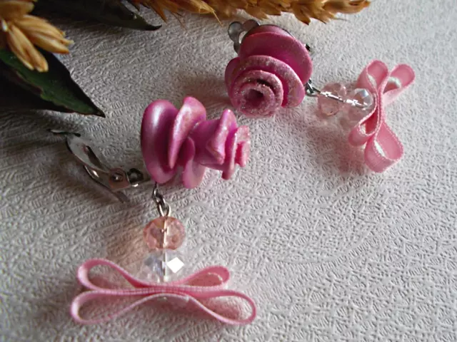 Bijoux orecchini pendenti a clip con fiori rose in stile retrò in fimo rosa 3