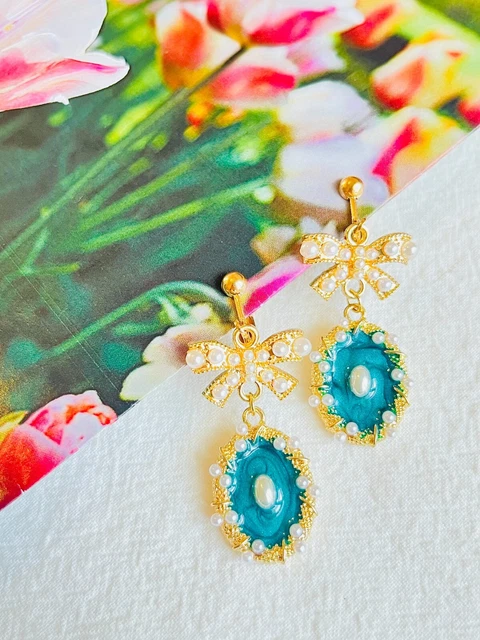 Ripple Turquoise Enamel Oval Eye Pearls Bow Drop Clip, Earrings Gold Women Her