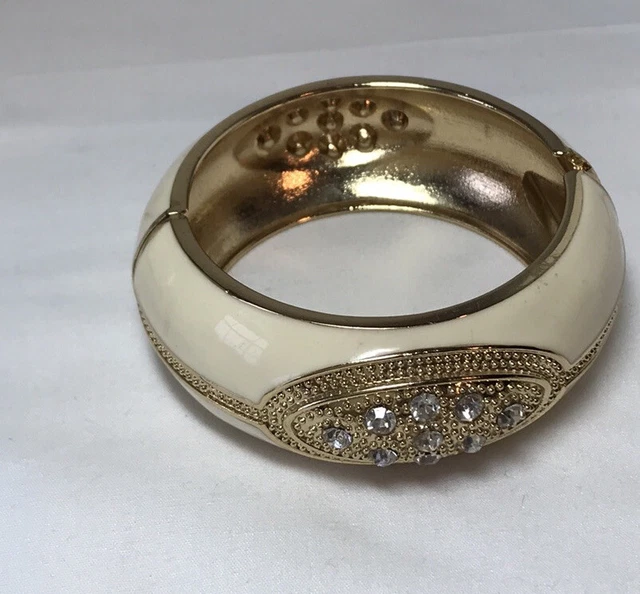 Enamel clamper bracelet, cream color, gold tone, rhinestones, 7 in round