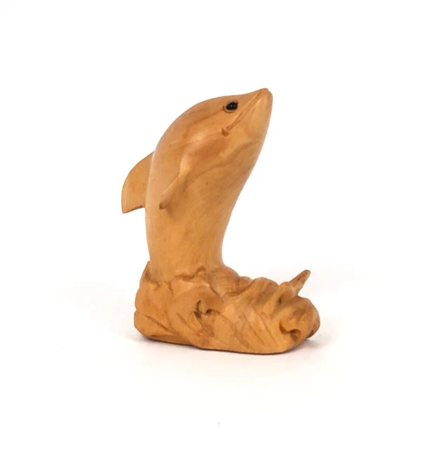 Japanese Wooden Boxwood Netsuke Hand Carved Dolphin Dancing in Waves NOS 1 7/8"