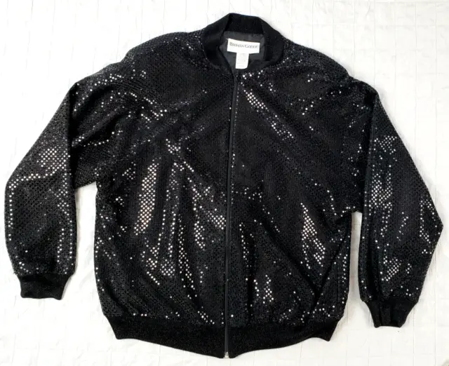 Vintage Brenda Goode Black Sequin Full Zip Bomber Jacket 1980s Womens Sz Medium