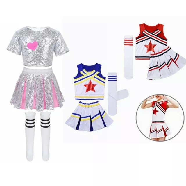 Kids Girls Cheerleader Costume Outfits Halloween Cosplay Tops+Skirt+Socks Set
