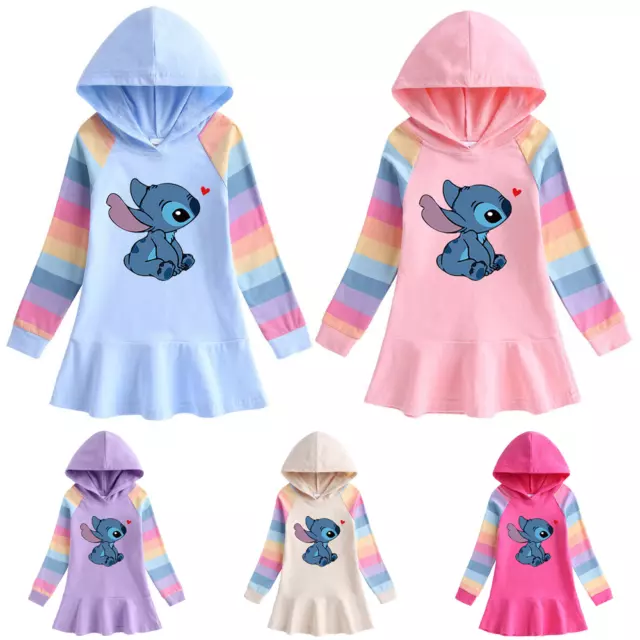 Girls Lilo Stitch Cartoon Hoodies Dress Long Sleeve Tops Sweatshirt Jumper Dress