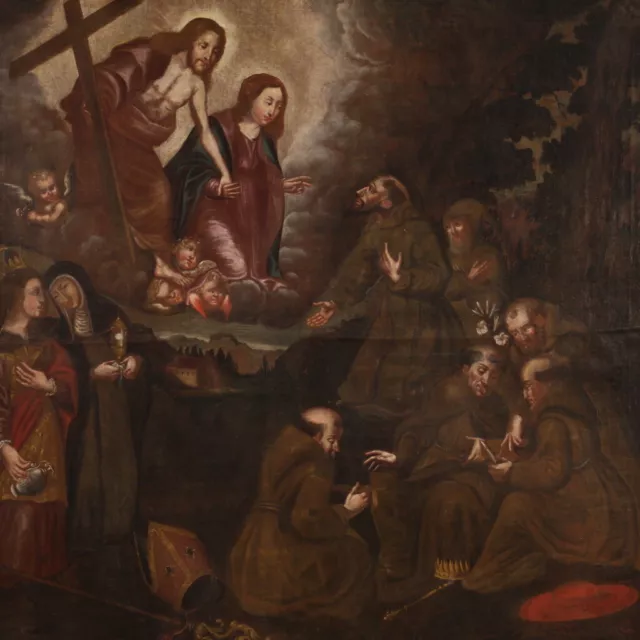 Pintura religiosa antigua cuadro oleo sobre lienzo frailes Santos Jesus Virgen