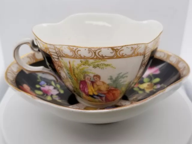 German Porcelain Floral Dresden Lobed Form Tea Cup & Saucer