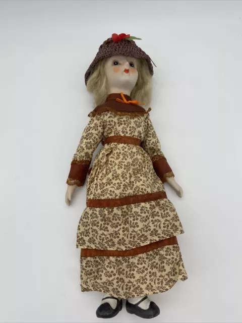 Vintage 18" Porcelain Blonde Doll Girl Bisque Victorian Dress Curly Hair Hat