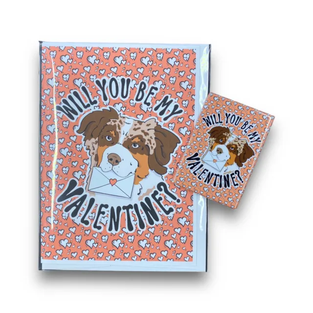 Australian Shepherd Dog Valentines Day Card & Magnet Handmade Gift - Red Merle