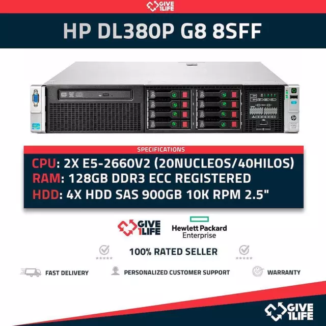 Serveur rack HP DL380P G8 8SFF 2xE5-2650v2 +128 Go de RAM +P420 +2PSU HSTNS-5163