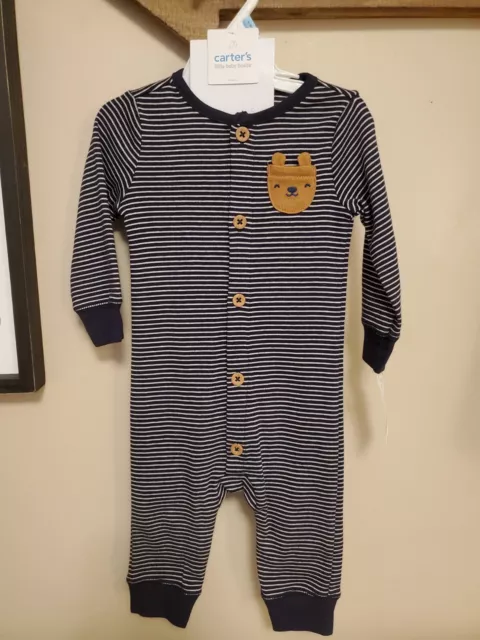 Carter's Baby Boy Blue White Striped Bear 3 Piece Outfit Hat Socks 6 Months