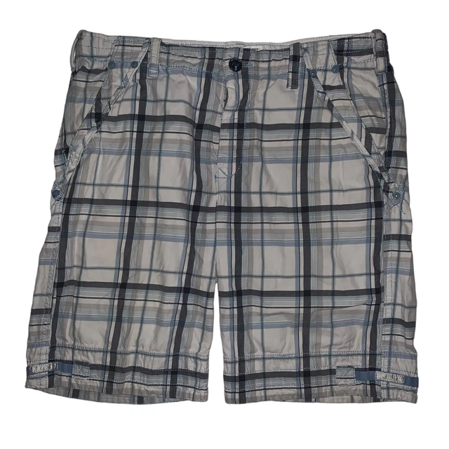 Jet Lag Cargo Shorts Men Size 40 Organic Sanforized 100% Cotton White/Blue Plaid