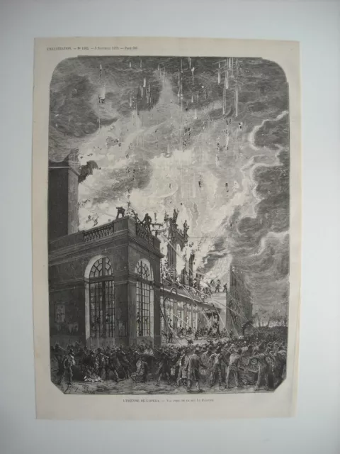 Gravure 1873. L’incendie De L’opera. Pompiers. Vue Prise De La Rue Le Peletier.
