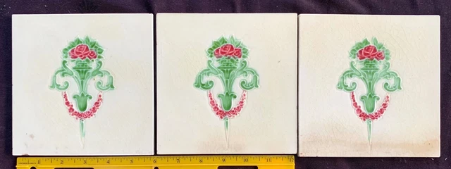 5 antique English Art Nouveau tiles 2 T & R Boote, 3 unknown mfg, all tubelined 13