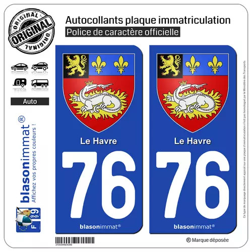 2 Stickers autocollant plaque immatriculation 76 Le Havre - Armoiries