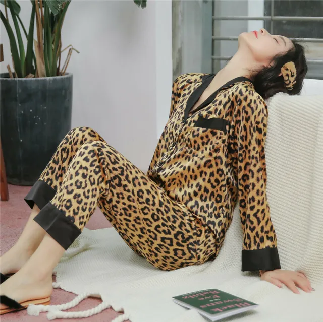 Womens Ladies Silk Satin Pajamas Set Sexy Sleepwear Leopard Print Homewear Night