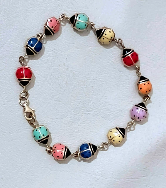 14K Yellow Gold Multi Color Ladybug Design Link 7" JCM Bracelet 3.7gr