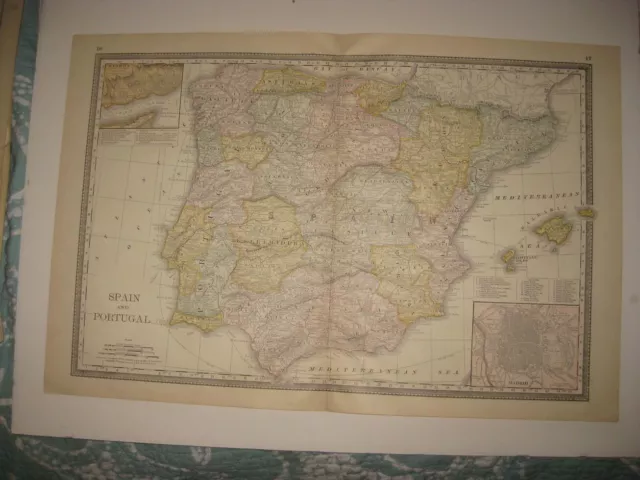 Large Superb Antique 1888 Spain Portugal Madrid Lisbon Majorca Pithyusae Map Nr