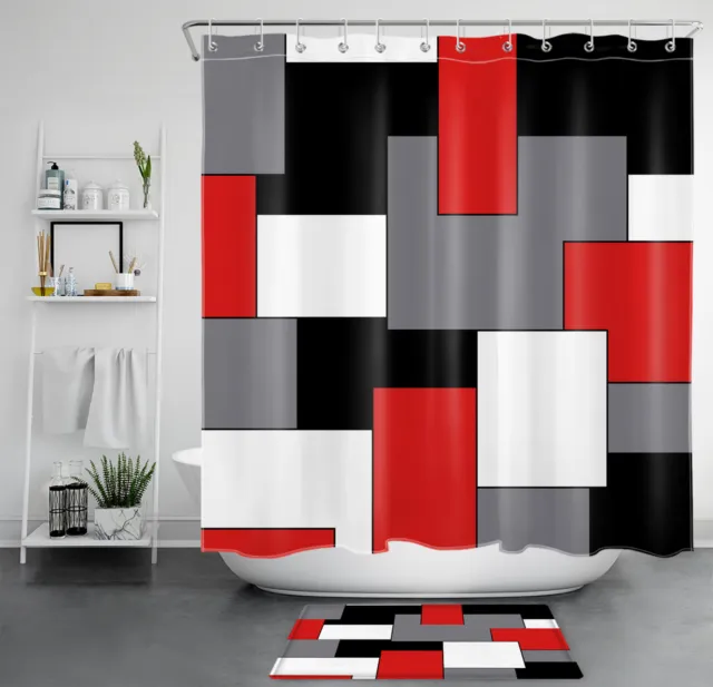 Juego de cortinas de ducha con patrón geométrico rojo en blanco y negro para decoración de baño