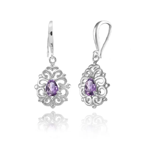 Dainty 6x4mm Teardrop Amethyst Filigree Dangle Earrings in Sterling Silver