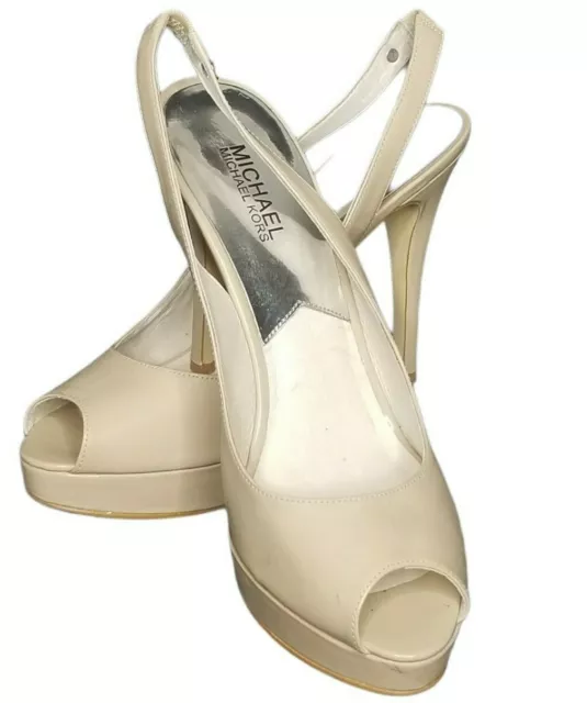 Michael Kors Womens Peep Toe Slingback Sz 9.5 Nude Patent Leather Heels