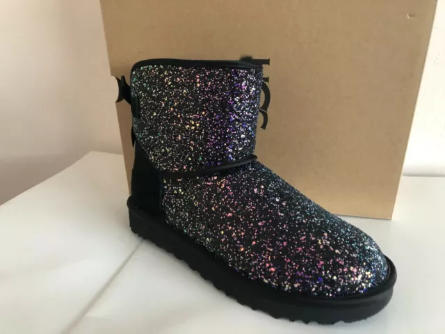 New Women's Ugg Australia Classic Mini Bow Chunky Glitter Cosmos Booties Black
